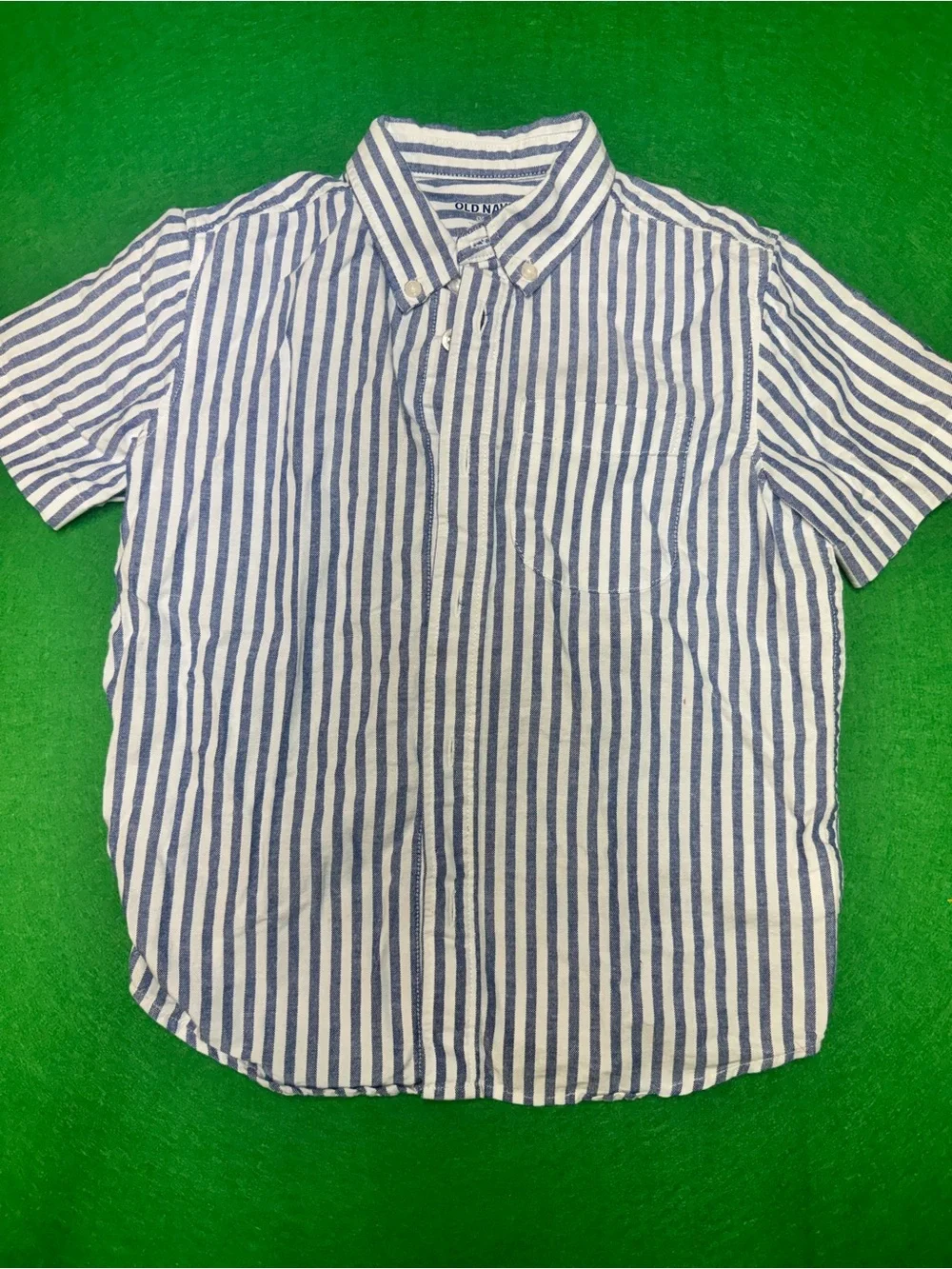 Old Navy Blue and White Vertical Stripe Short-Sleeve Button-Down Shirt